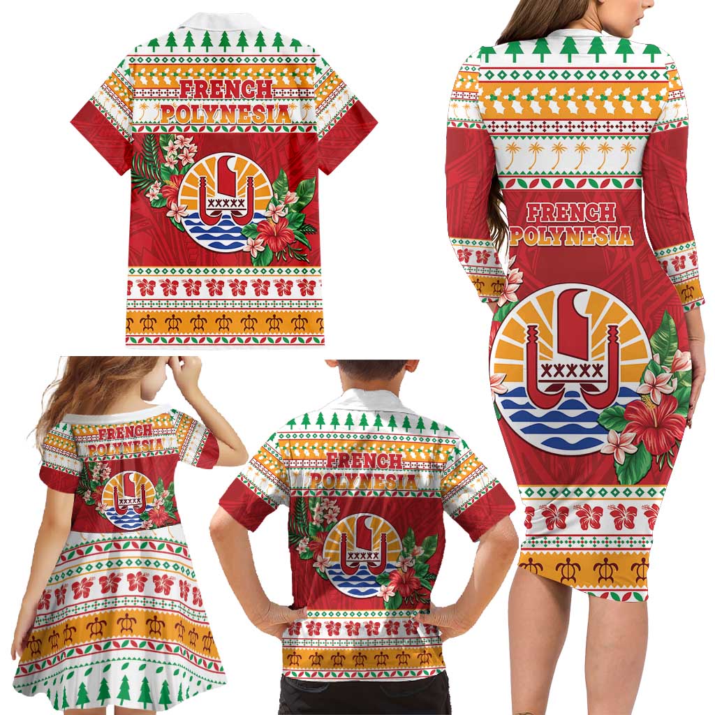 French Polynesia Christmas Family Matching Long Sleeve Bodycon Dress and Hawaiian Shirt Coat Of Arms Merry Xmas LT05 - Polynesian Pride