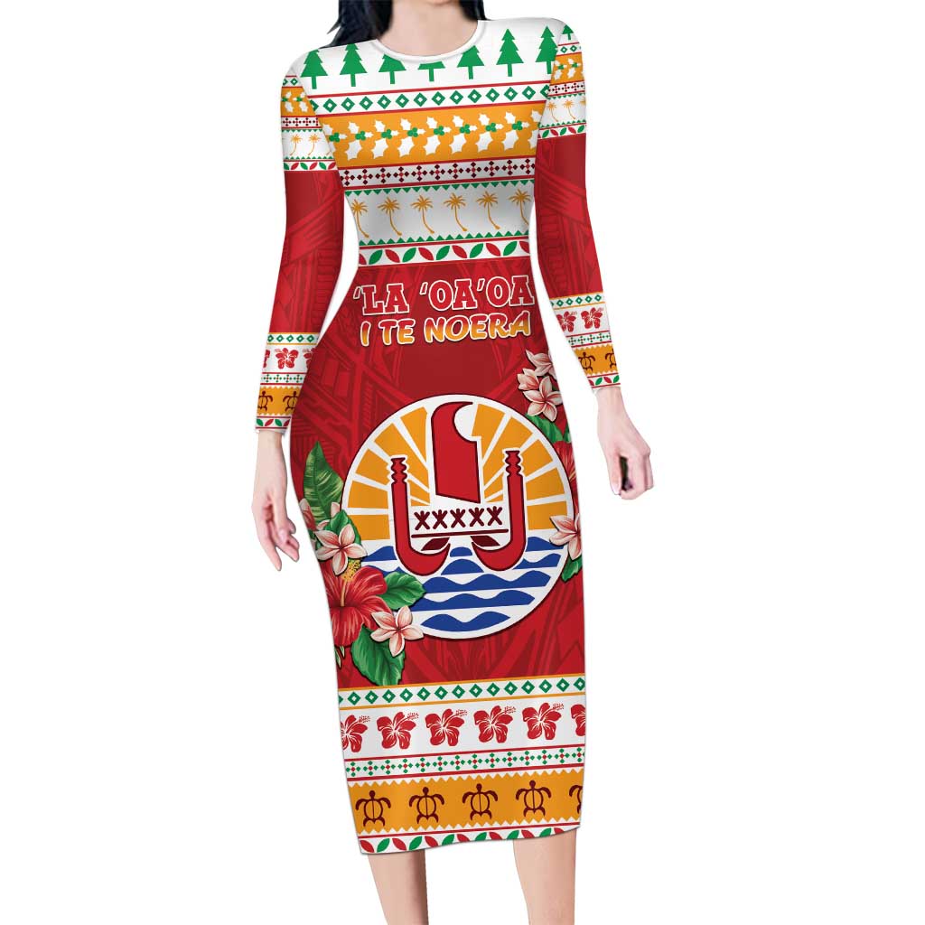 French Polynesia Christmas Family Matching Long Sleeve Bodycon Dress and Hawaiian Shirt Coat Of Arms Merry Xmas LT05 Mom's Dress Red - Polynesian Pride
