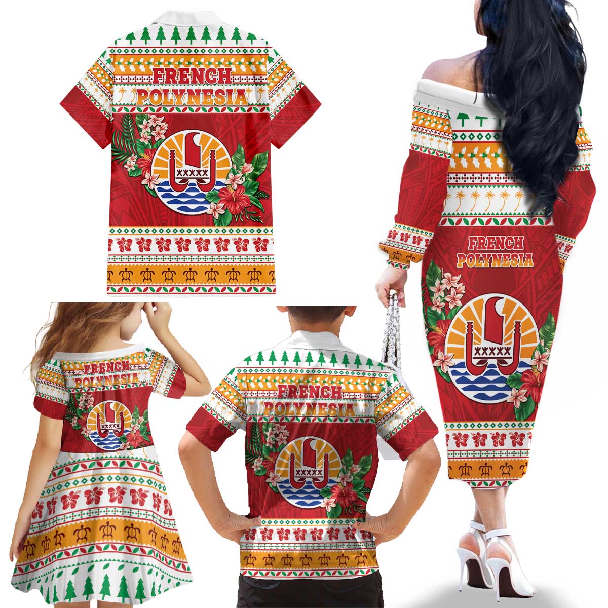 French Polynesia Christmas Family Matching Off The Shoulder Long Sleeve Dress and Hawaiian Shirt Coat Of Arms Merry Xmas LT05 - Polynesian Pride