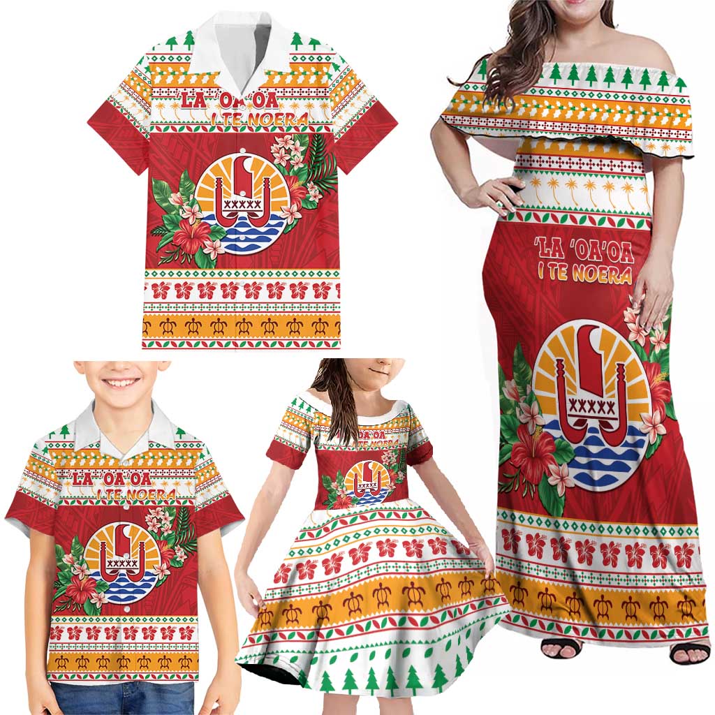 French Polynesia Christmas Family Matching Off Shoulder Maxi Dress and Hawaiian Shirt Coat Of Arms Merry Xmas LT05 - Polynesian Pride