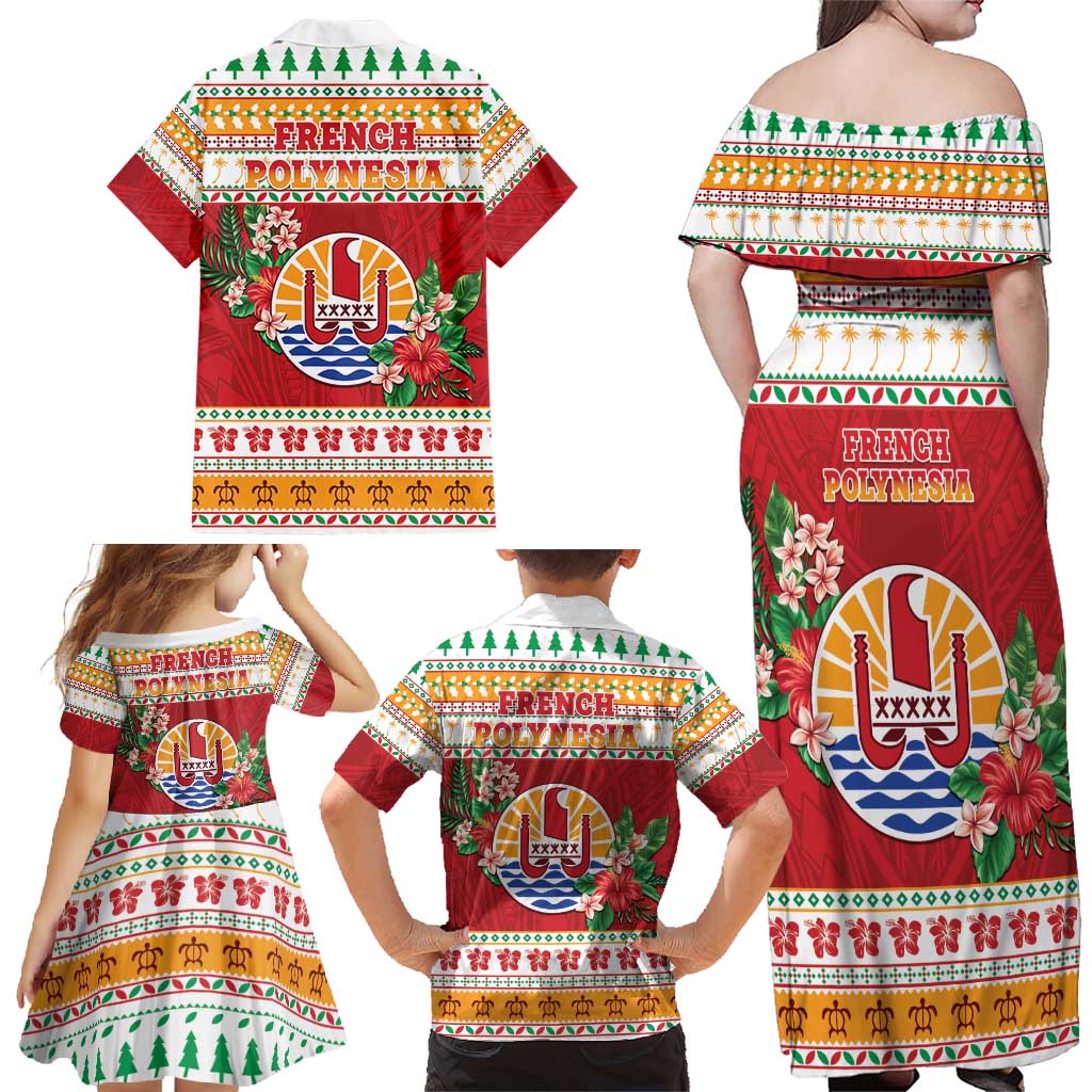 French Polynesia Christmas Family Matching Off Shoulder Maxi Dress and Hawaiian Shirt Coat Of Arms Merry Xmas LT05 - Polynesian Pride
