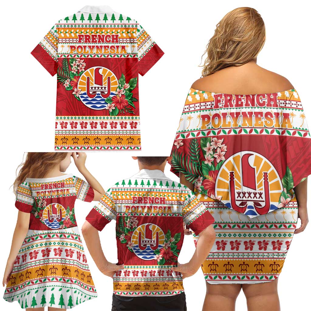 French Polynesia Christmas Family Matching Off Shoulder Short Dress and Hawaiian Shirt Coat Of Arms Merry Xmas LT05 - Polynesian Pride