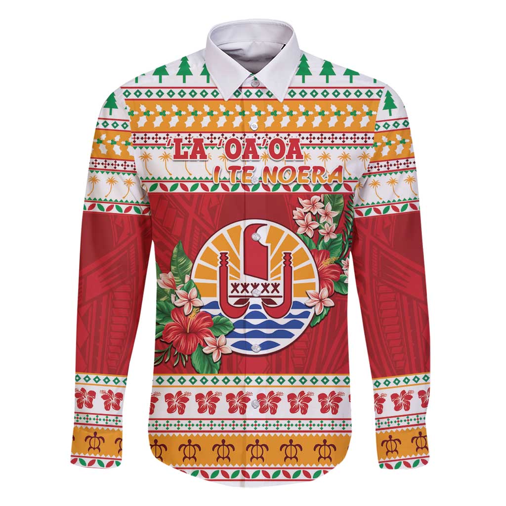 French Polynesia Christmas Family Matching Off Shoulder Short Dress and Hawaiian Shirt Coat Of Arms Merry Xmas LT05 Dad's Shirt - Long Sleeve Red - Polynesian Pride