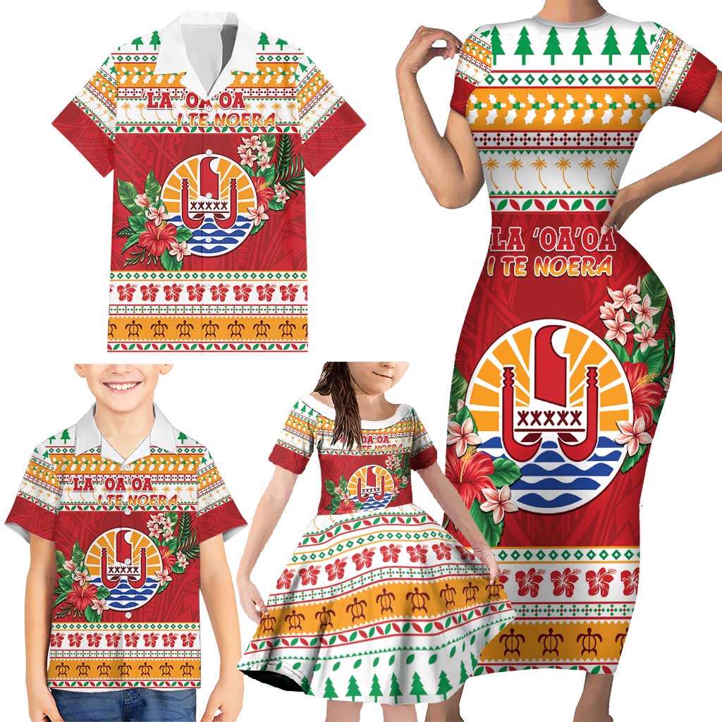 French Polynesia Christmas Family Matching Short Sleeve Bodycon Dress and Hawaiian Shirt Coat Of Arms Merry Xmas LT05 - Polynesian Pride