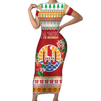French Polynesia Christmas Family Matching Short Sleeve Bodycon Dress and Hawaiian Shirt Coat Of Arms Merry Xmas LT05 Mom's Dress Red - Polynesian Pride
