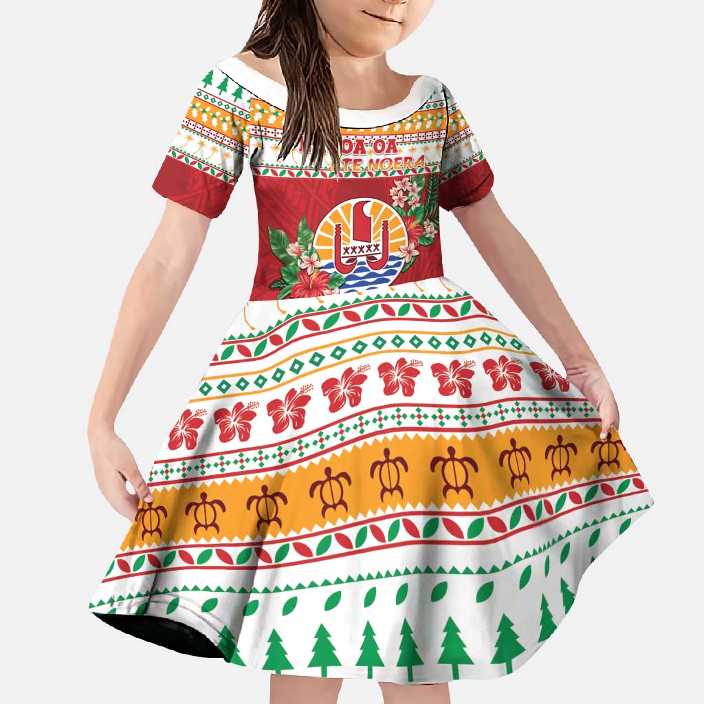French Polynesia Christmas Family Matching Tank Maxi Dress and Hawaiian Shirt Coat Of Arms Merry Xmas LT05 Daughter's Dress Red - Polynesian Pride