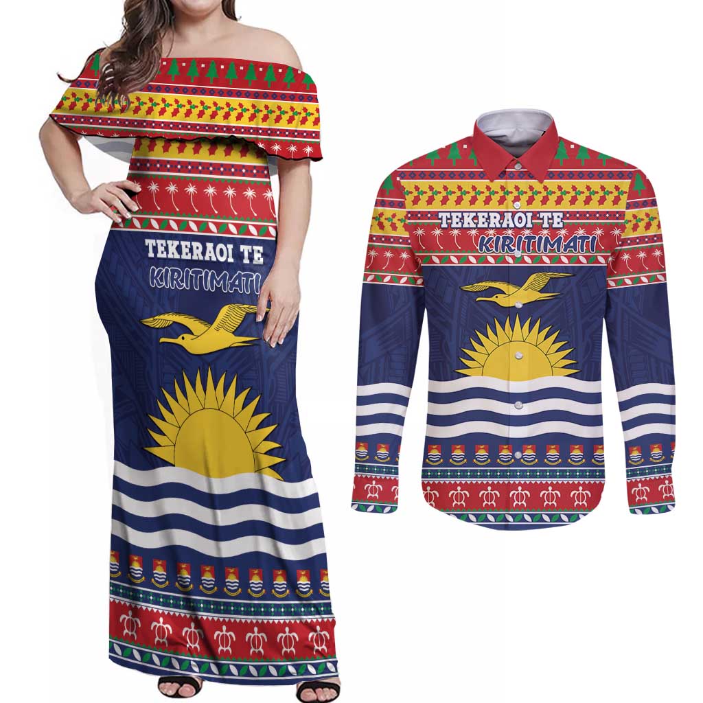 Kiribati Christmas Couples Matching Off Shoulder Maxi Dress and Long Sleeve Button Shirt Coat Of Arms Tekeraoi Te Kiritimati LT05 Red - Polynesian Pride