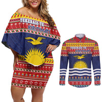 Kiribati Christmas Couples Matching Off Shoulder Short Dress and Long Sleeve Button Shirt Coat Of Arms Tekeraoi Te Kiritimati LT05 Red - Polynesian Pride