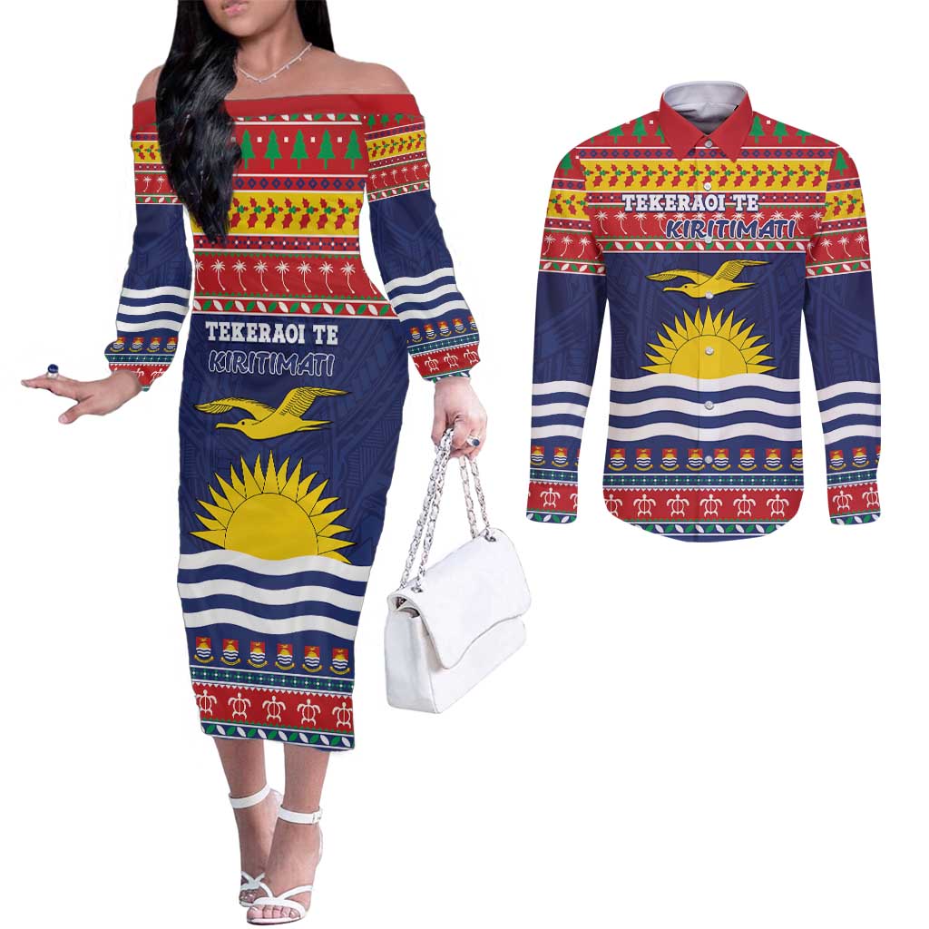 Kiribati Christmas Couples Matching Off The Shoulder Long Sleeve Dress and Long Sleeve Button Shirt Coat Of Arms Tekeraoi Te Kiritimati LT05 Red - Polynesian Pride