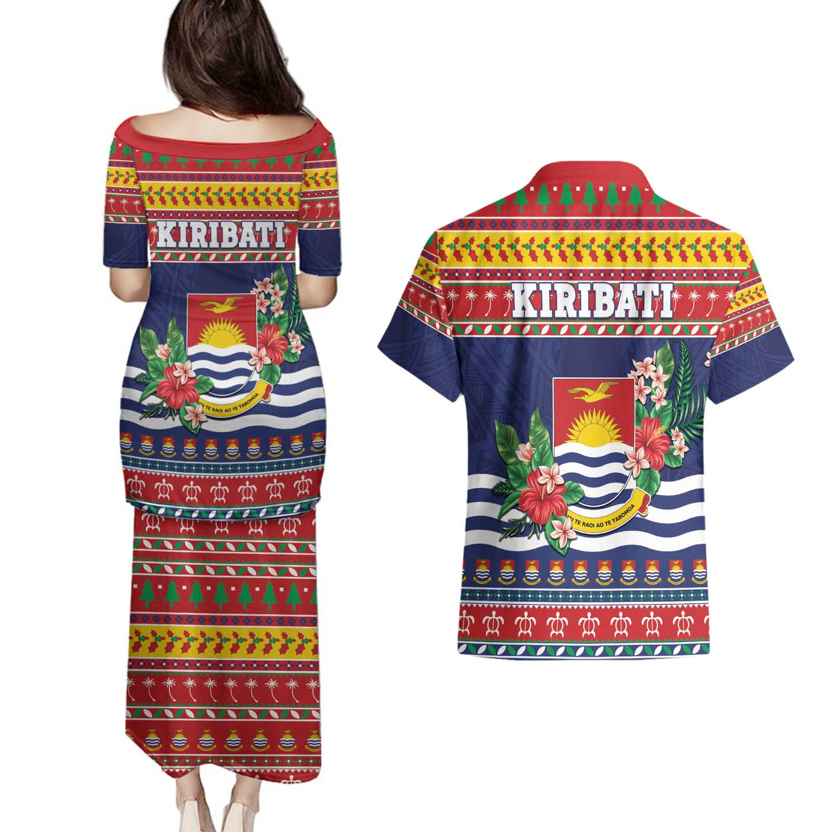 Kiribati Christmas Couples Matching Puletasi and Hawaiian Shirt Coat Of Arms Tekeraoi Te Kiritimati LT05 - Polynesian Pride