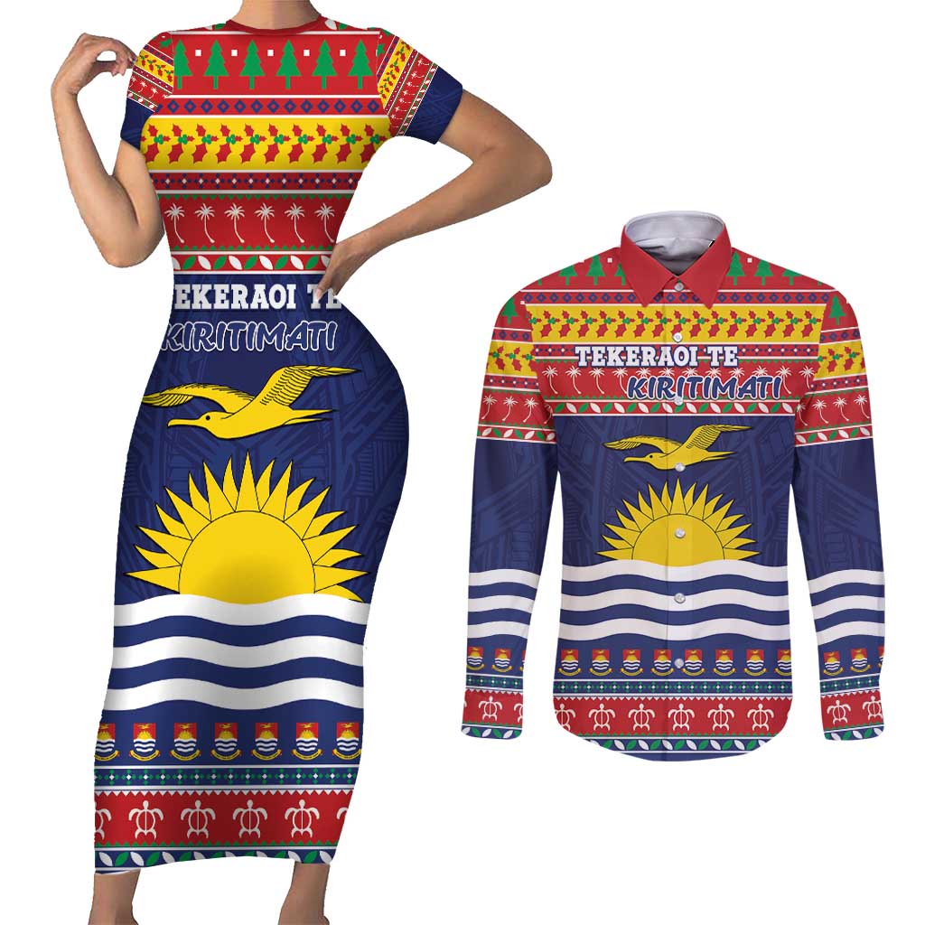 Kiribati Christmas Couples Matching Short Sleeve Bodycon Dress and Long Sleeve Button Shirt Coat Of Arms Tekeraoi Te Kiritimati LT05 Red - Polynesian Pride