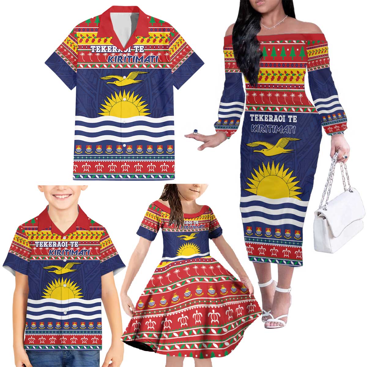 Kiribati Christmas Family Matching Off The Shoulder Long Sleeve Dress and Hawaiian Shirt Coat Of Arms Tekeraoi Te Kiritimati LT05 - Polynesian Pride