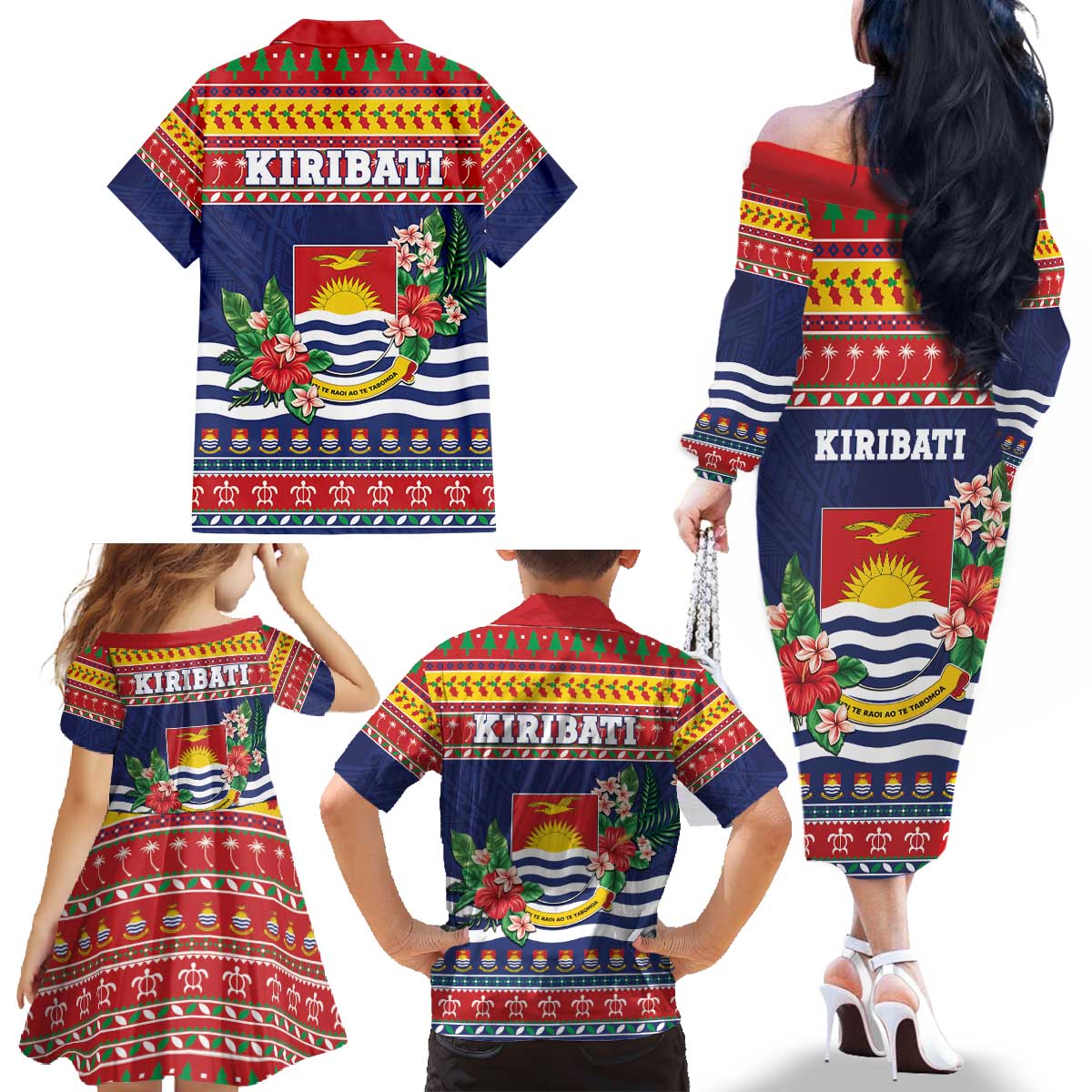 Kiribati Christmas Family Matching Off The Shoulder Long Sleeve Dress and Hawaiian Shirt Coat Of Arms Tekeraoi Te Kiritimati LT05 - Polynesian Pride