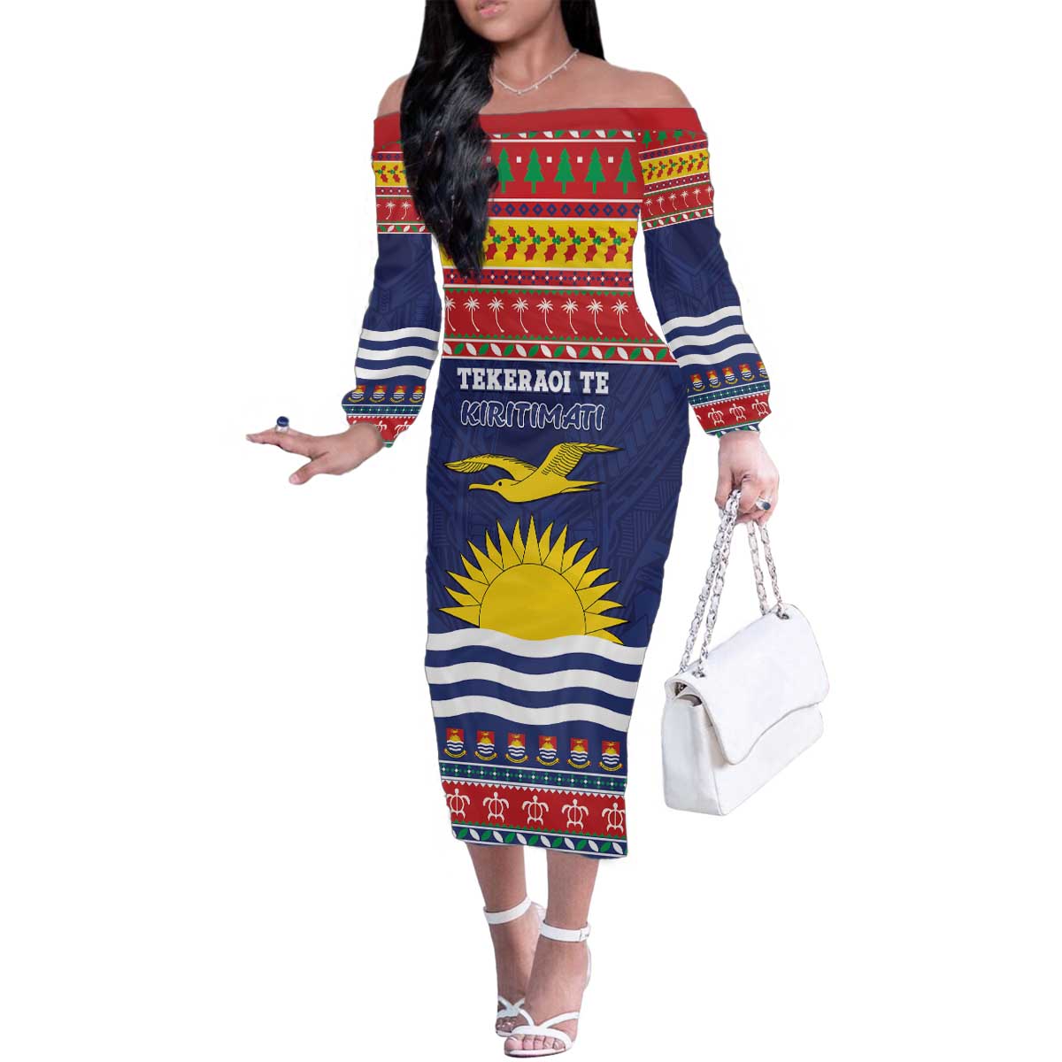 Kiribati Christmas Family Matching Off The Shoulder Long Sleeve Dress and Hawaiian Shirt Coat Of Arms Tekeraoi Te Kiritimati LT05 Mom's Dress Red - Polynesian Pride