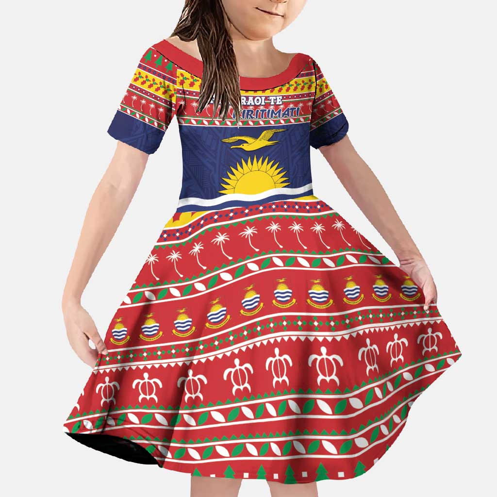 Kiribati Christmas Family Matching Off Shoulder Maxi Dress and Hawaiian Shirt Coat Of Arms Tekeraoi Te Kiritimati LT05 Daughter's Dress Red - Polynesian Pride