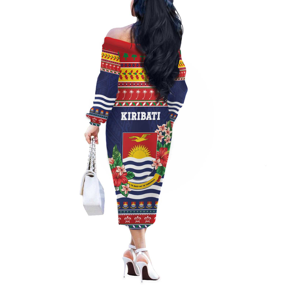 Kiribati Christmas Off The Shoulder Long Sleeve Dress Coat Of Arms Tekeraoi Te Kiritimati