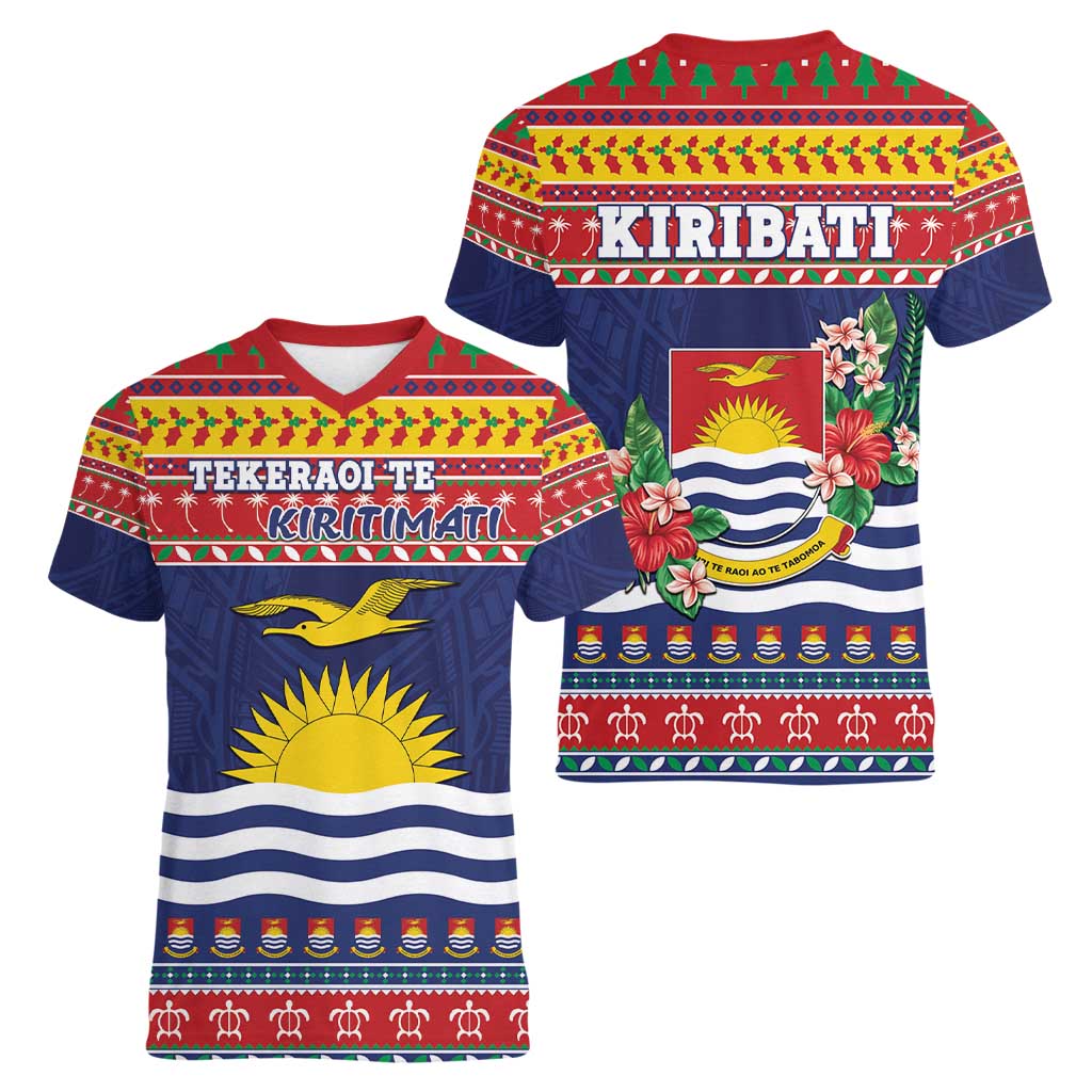 Kiribati Christmas Women V-Neck T-Shirt Coat Of Arms Tekeraoi Te Kiritimati LT05 - Polynesian Pride