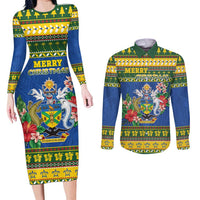 Solomon Islands Christmas Couples Matching Long Sleeve Bodycon Dress and Long Sleeve Button Shirt Coat Of Arms Merry Xmas LT05 Green - Polynesian Pride