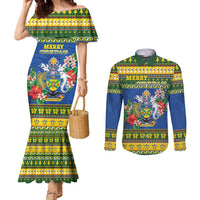 Solomon Islands Christmas Couples Matching Mermaid Dress and Long Sleeve Button Shirt Coat Of Arms Merry Xmas LT05 Green - Polynesian Pride