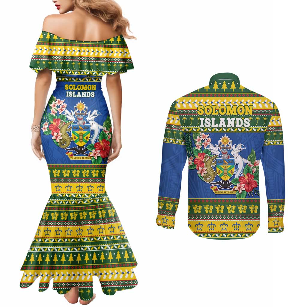 Solomon Islands Christmas Couples Matching Mermaid Dress and Long Sleeve Button Shirt Coat Of Arms Merry Xmas LT05 - Polynesian Pride