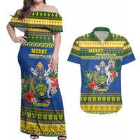 Solomon Islands Christmas Couples Matching Off Shoulder Maxi Dress and Hawaiian Shirt Coat Of Arms Merry Xmas LT05 Green - Polynesian Pride