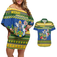 Solomon Islands Christmas Couples Matching Off Shoulder Short Dress and Hawaiian Shirt Coat Of Arms Merry Xmas LT05 Green - Polynesian Pride
