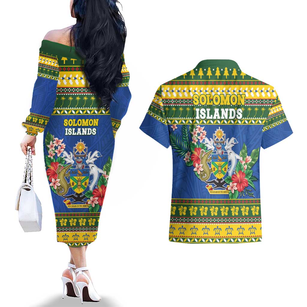 Solomon Islands Christmas Couples Matching Off The Shoulder Long Sleeve Dress and Hawaiian Shirt Coat Of Arms Merry Xmas LT05 - Polynesian Pride