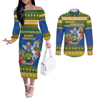 Solomon Islands Christmas Couples Matching Off The Shoulder Long Sleeve Dress and Long Sleeve Button Shirt Coat Of Arms Merry Xmas LT05 Green - Polynesian Pride