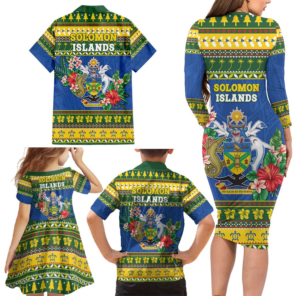 Solomon Islands Christmas Family Matching Long Sleeve Bodycon Dress and Hawaiian Shirt Coat Of Arms Merry Xmas LT05 - Polynesian Pride