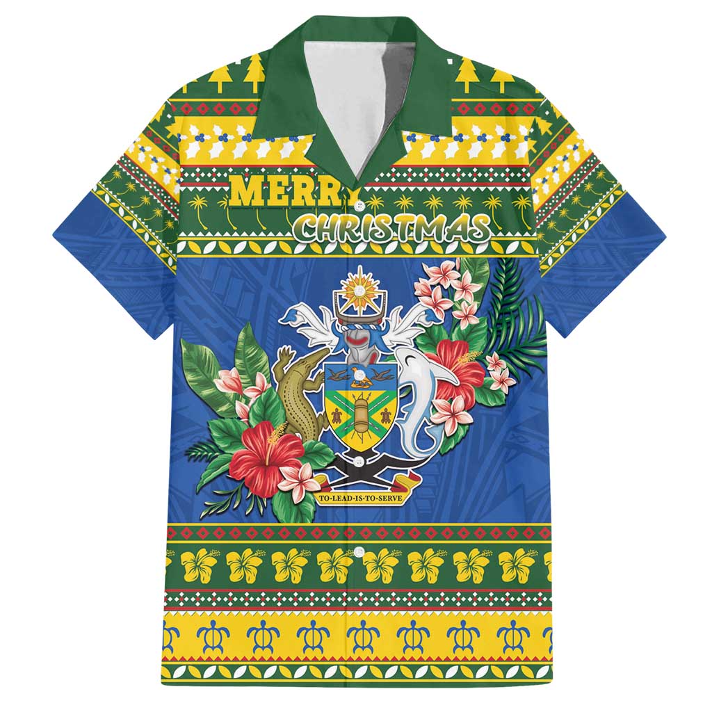 Solomon Islands Christmas Family Matching Long Sleeve Bodycon Dress and Hawaiian Shirt Coat Of Arms Merry Xmas LT05 Dad's Shirt - Short Sleeve Green - Polynesian Pride