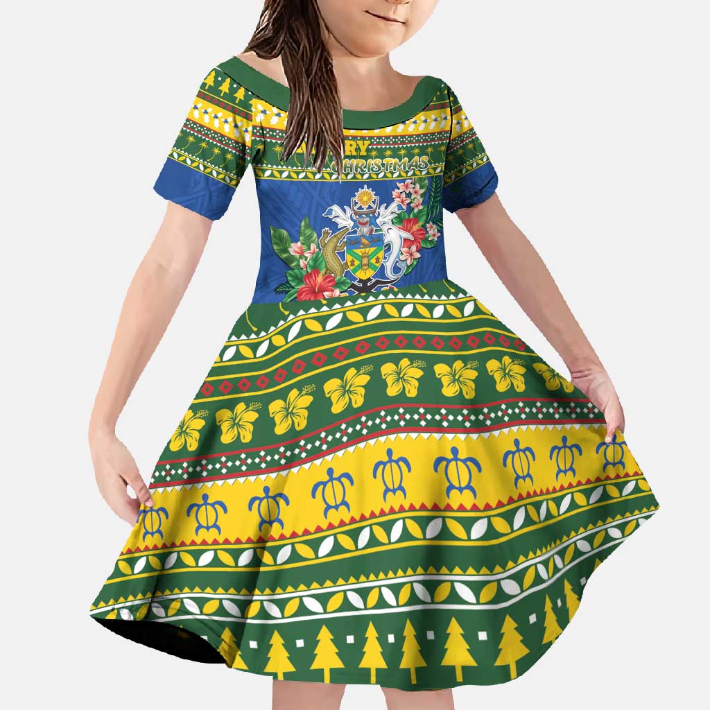 Solomon Islands Christmas Family Matching Mermaid Dress and Hawaiian Shirt Coat Of Arms Merry Xmas LT05 Daughter's Dress Green - Polynesian Pride