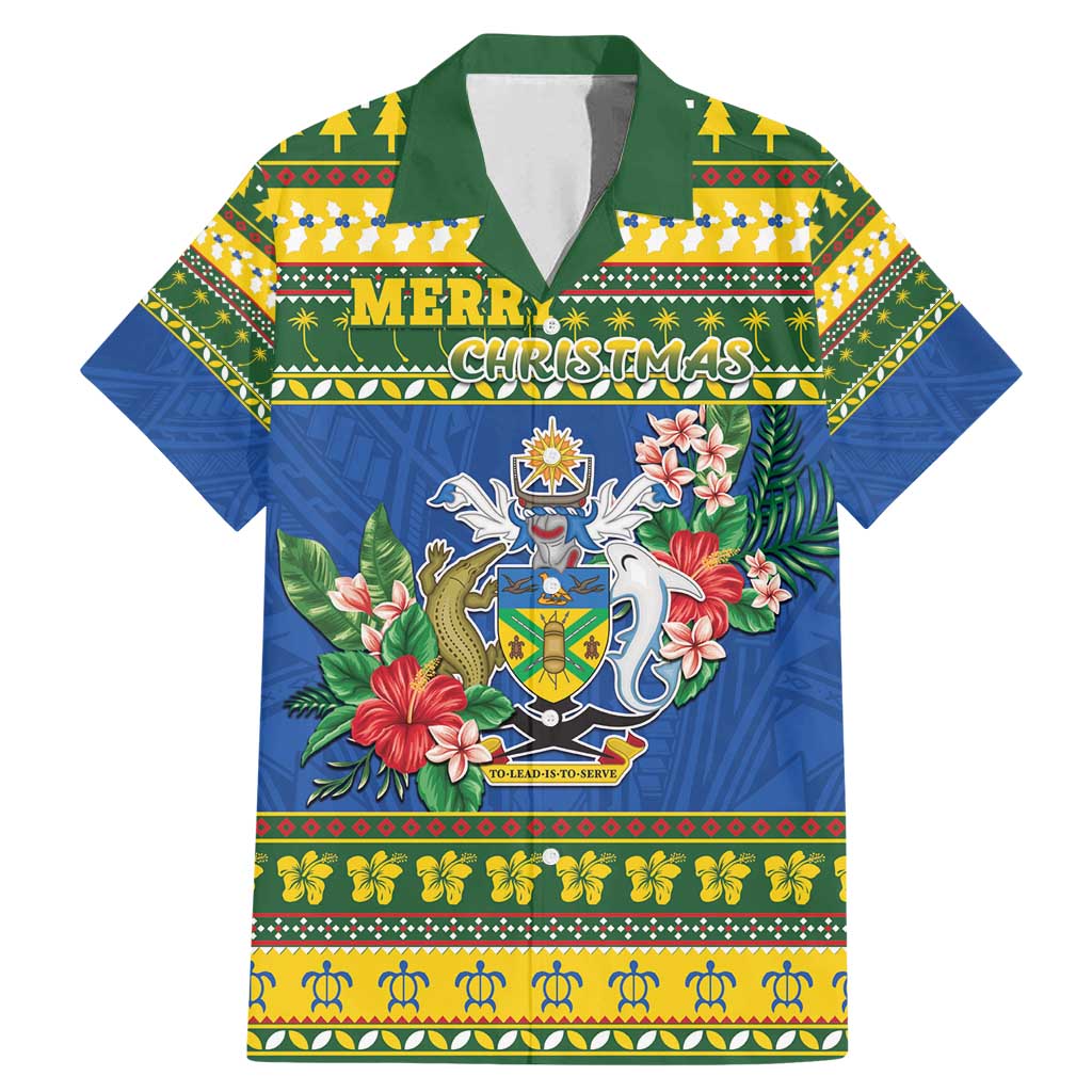 Solomon Islands Christmas Family Matching Mermaid Dress and Hawaiian Shirt Coat Of Arms Merry Xmas LT05 Dad's Shirt - Short Sleeve Green - Polynesian Pride