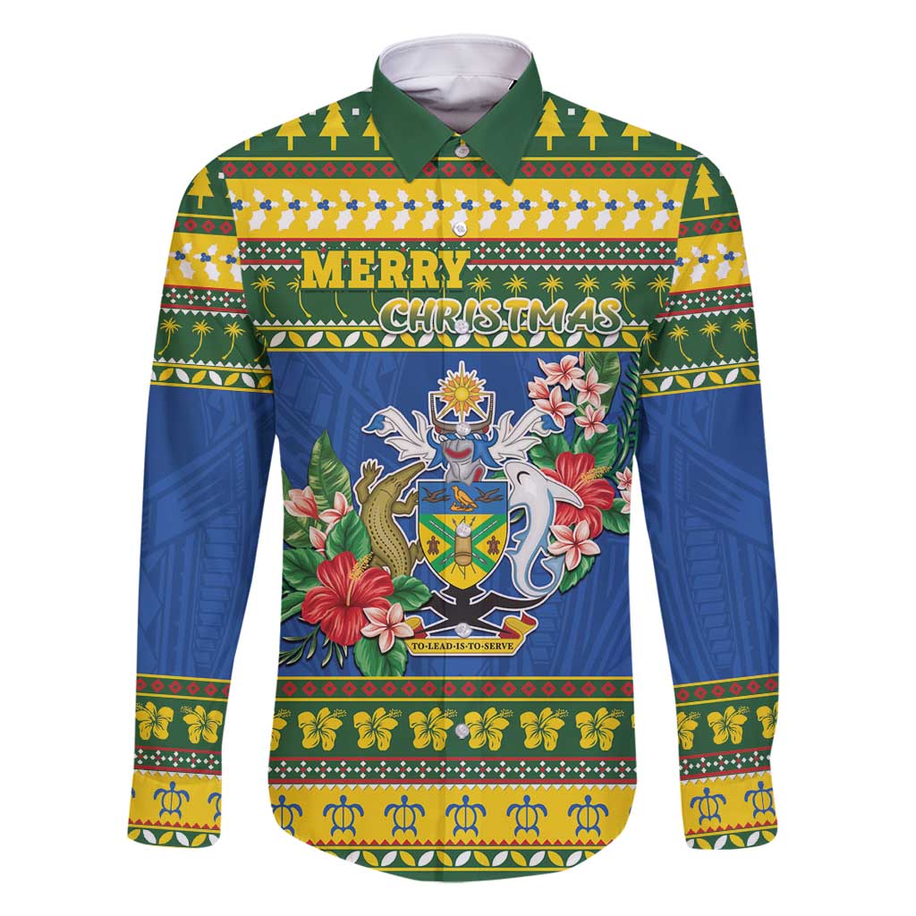 Solomon Islands Christmas Family Matching Mermaid Dress and Hawaiian Shirt Coat Of Arms Merry Xmas LT05 Dad's Shirt - Long Sleeve Green - Polynesian Pride