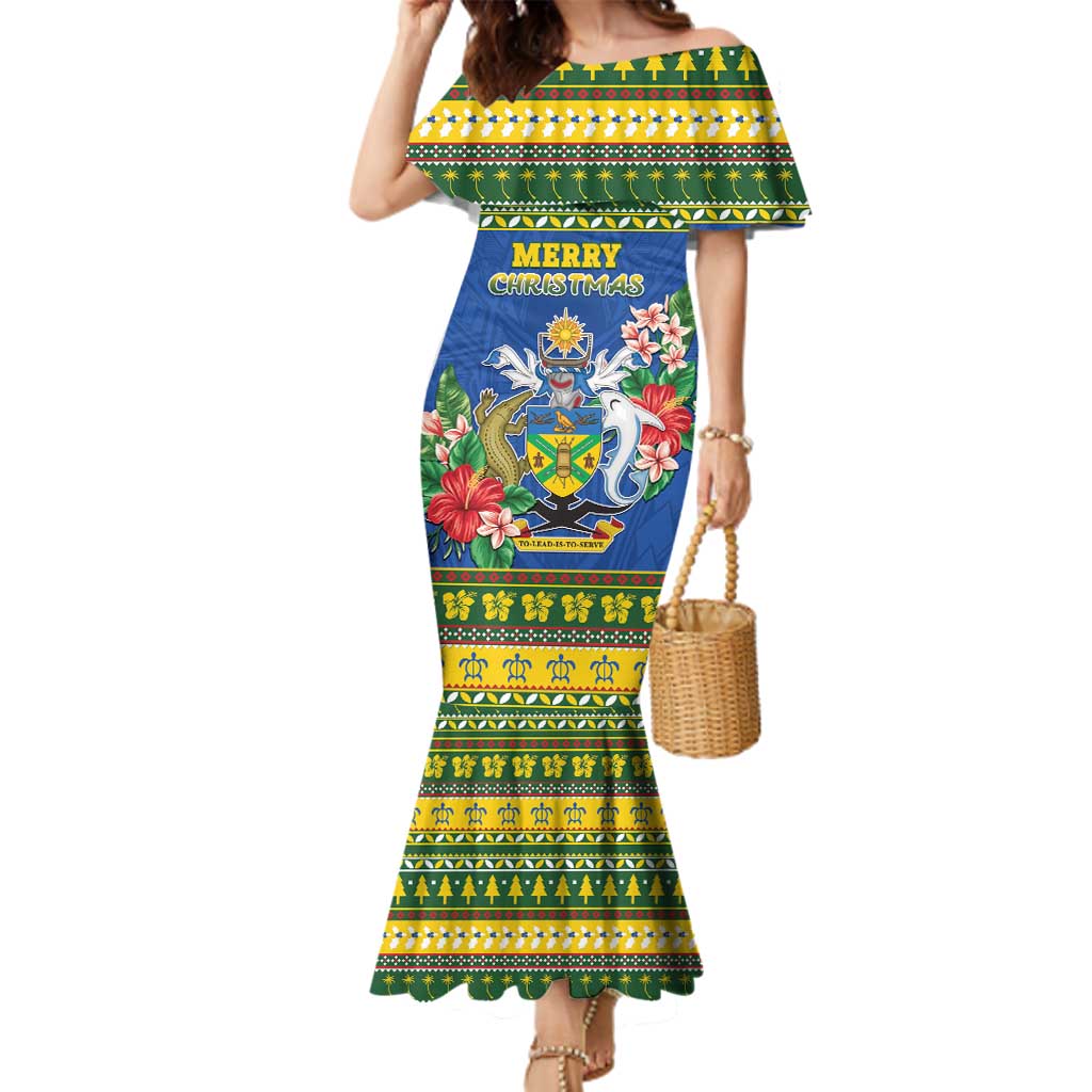 Solomon Islands Christmas Family Matching Mermaid Dress and Hawaiian Shirt Coat Of Arms Merry Xmas LT05 Mom's Dress Green - Polynesian Pride