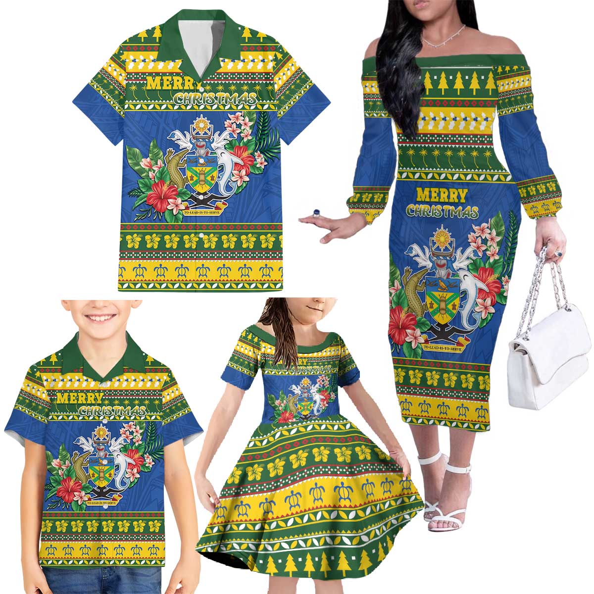 Solomon Islands Christmas Family Matching Off The Shoulder Long Sleeve Dress and Hawaiian Shirt Coat Of Arms Merry Xmas LT05 - Polynesian Pride