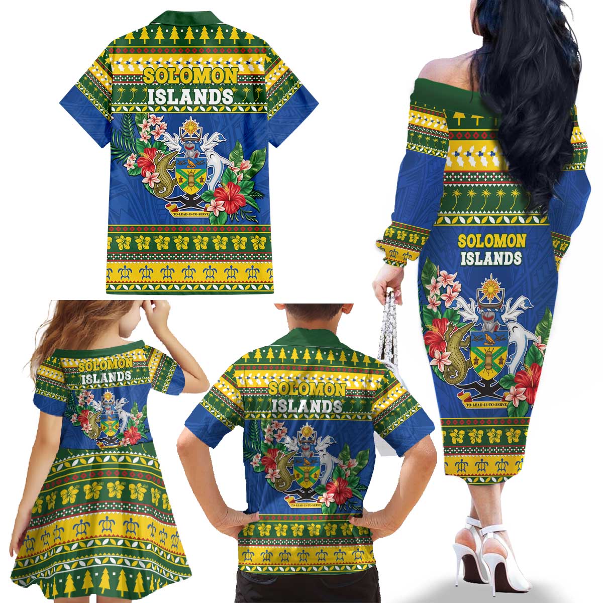Solomon Islands Christmas Family Matching Off The Shoulder Long Sleeve Dress and Hawaiian Shirt Coat Of Arms Merry Xmas LT05 - Polynesian Pride