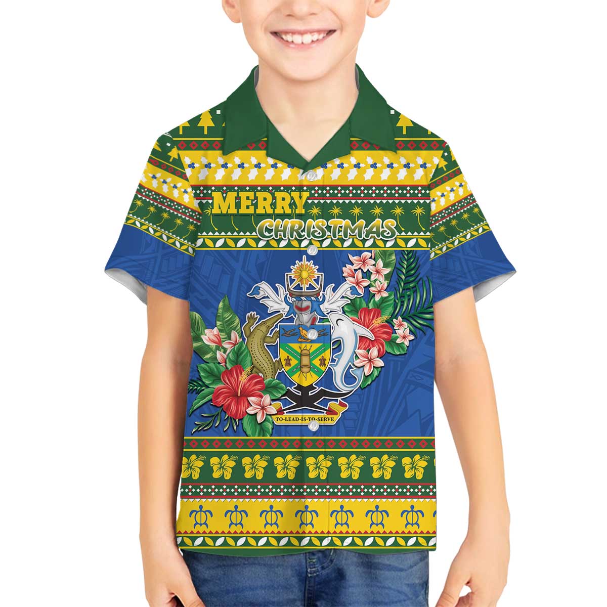 Solomon Islands Christmas Family Matching Off The Shoulder Long Sleeve Dress and Hawaiian Shirt Coat Of Arms Merry Xmas LT05 Son's Shirt Green - Polynesian Pride