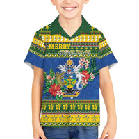 Solomon Islands Christmas Family Matching Off The Shoulder Long Sleeve Dress and Hawaiian Shirt Coat Of Arms Merry Xmas LT05 Son's Shirt Green - Polynesian Pride