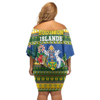Solomon Islands Christmas Family Matching Off Shoulder Short Dress and Hawaiian Shirt Coat Of Arms Merry Xmas LT05 - Polynesian Pride