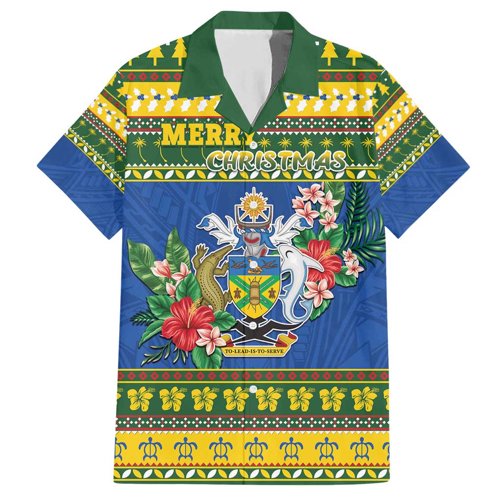 Solomon Islands Christmas Family Matching Short Sleeve Bodycon Dress and Hawaiian Shirt Coat Of Arms Merry Xmas LT05 Dad's Shirt - Short Sleeve Green - Polynesian Pride