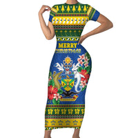 Solomon Islands Christmas Family Matching Short Sleeve Bodycon Dress and Hawaiian Shirt Coat Of Arms Merry Xmas LT05 Mom's Dress Green - Polynesian Pride