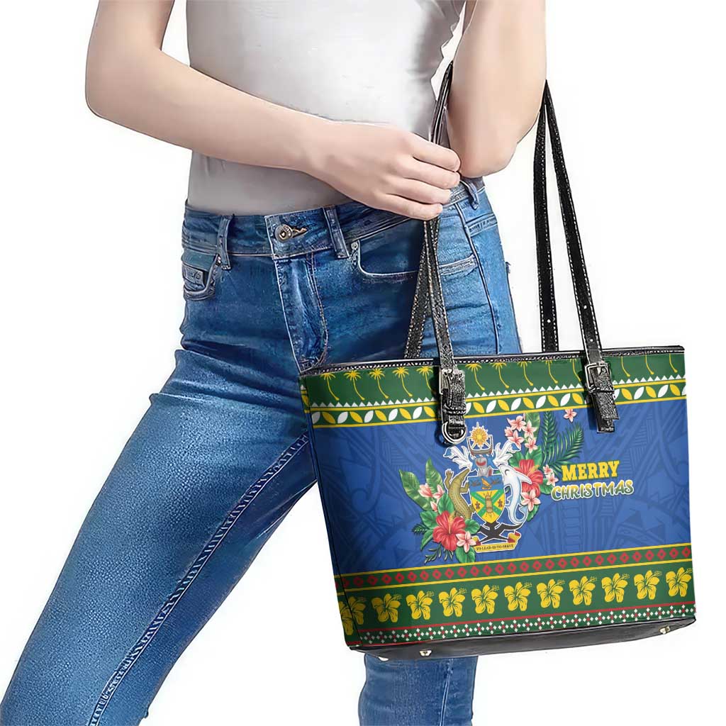 Solomon Islands Christmas Leather Tote Bag Coat Of Arms Merry Xmas