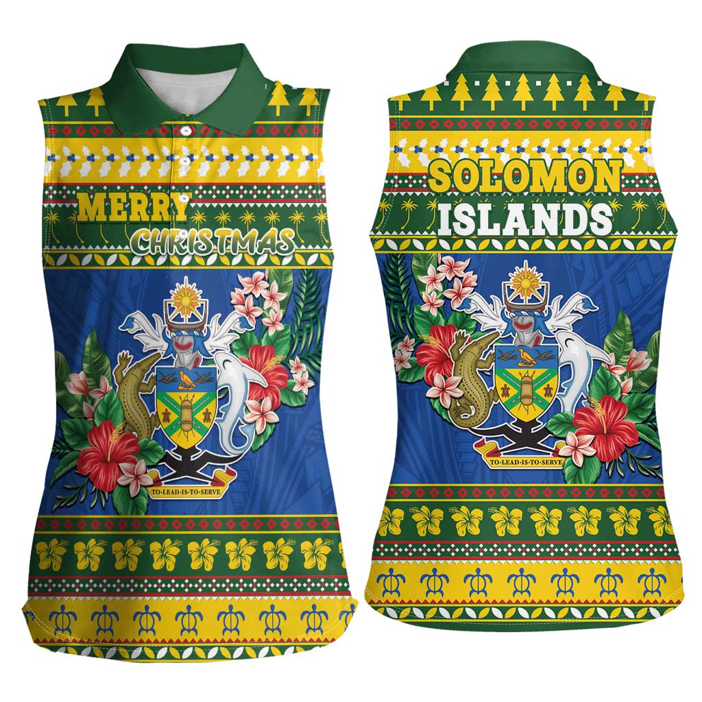 Solomon Islands Christmas Women Sleeveless Polo Shirt Coat Of Arms Merry Xmas