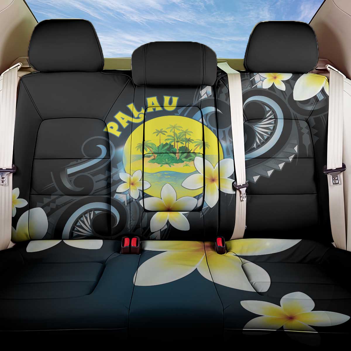 Palau United Nations Day Back Car Seat Cover Polynesian Curves Plumeria LT05 One Size Black - Polynesian Pride