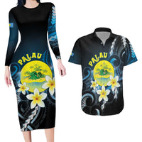 Palau United Nations Day Couples Matching Long Sleeve Bodycon Dress and Hawaiian Shirt Polynesian Curves Plumeria LT05 Black - Polynesian Pride