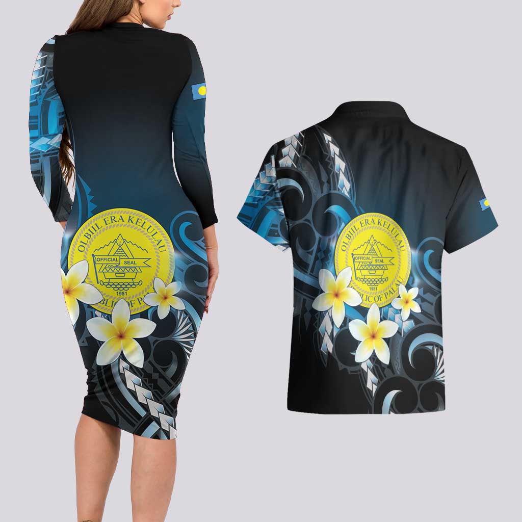 Palau United Nations Day Couples Matching Long Sleeve Bodycon Dress and Hawaiian Shirt Polynesian Curves Plumeria LT05 - Polynesian Pride