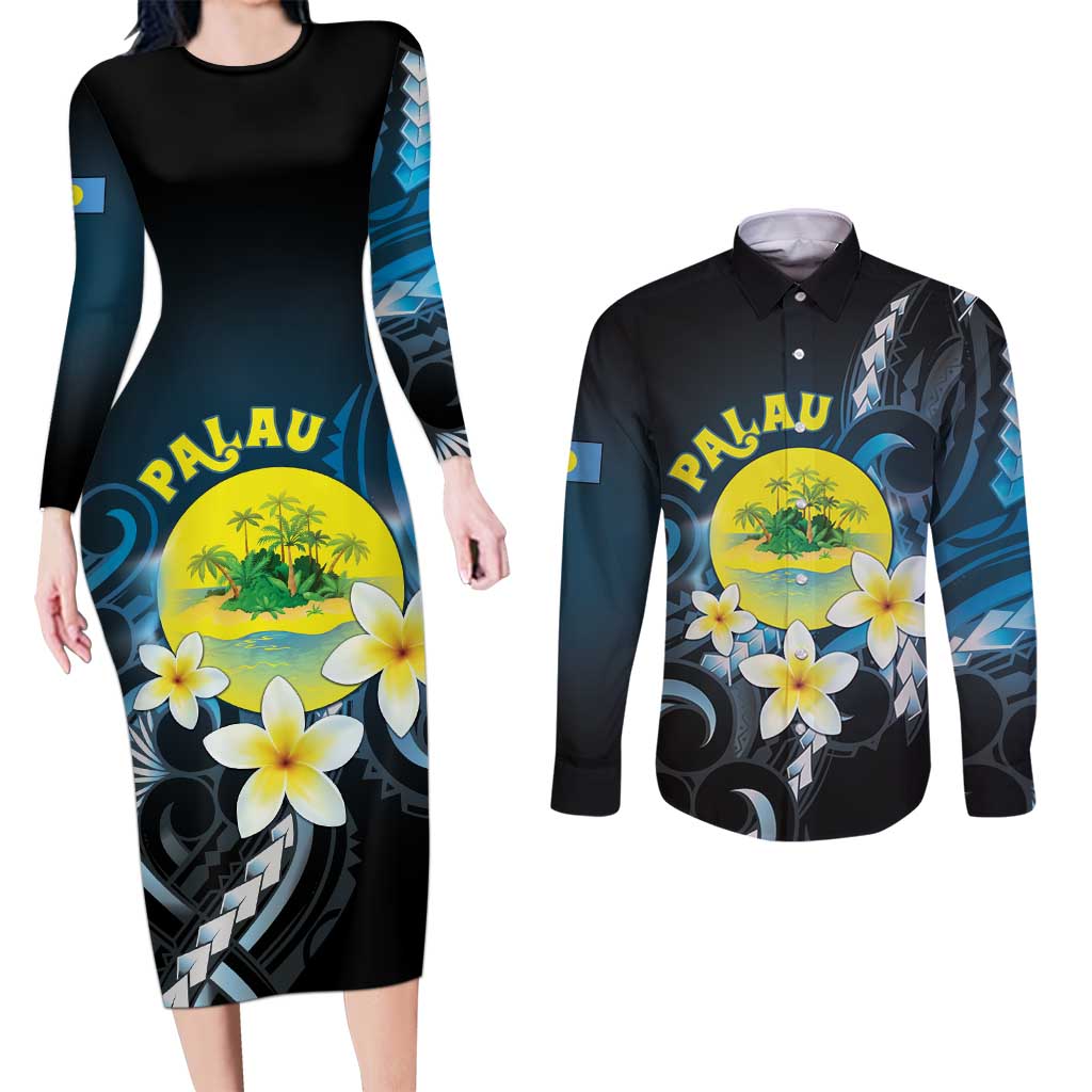 Palau United Nations Day Couples Matching Long Sleeve Bodycon Dress and Long Sleeve Button Shirt Polynesian Curves Plumeria LT05 Black - Polynesian Pride