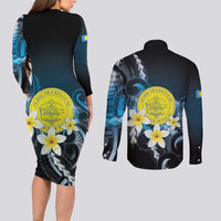 Palau United Nations Day Couples Matching Long Sleeve Bodycon Dress and Long Sleeve Button Shirt Polynesian Curves Plumeria LT05 - Polynesian Pride