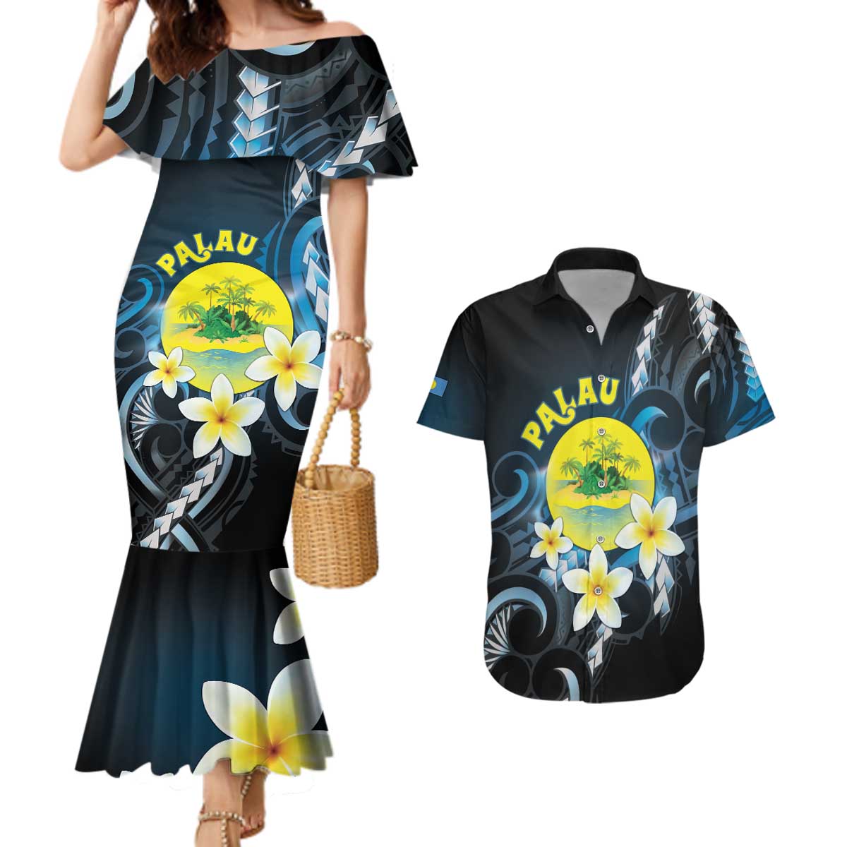Palau United Nations Day Couples Matching Mermaid Dress and Hawaiian Shirt Polynesian Curves Plumeria LT05 Black - Polynesian Pride