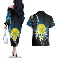 Palau United Nations Day Couples Matching Off The Shoulder Long Sleeve Dress and Hawaiian Shirt Polynesian Curves Plumeria LT05 - Polynesian Pride